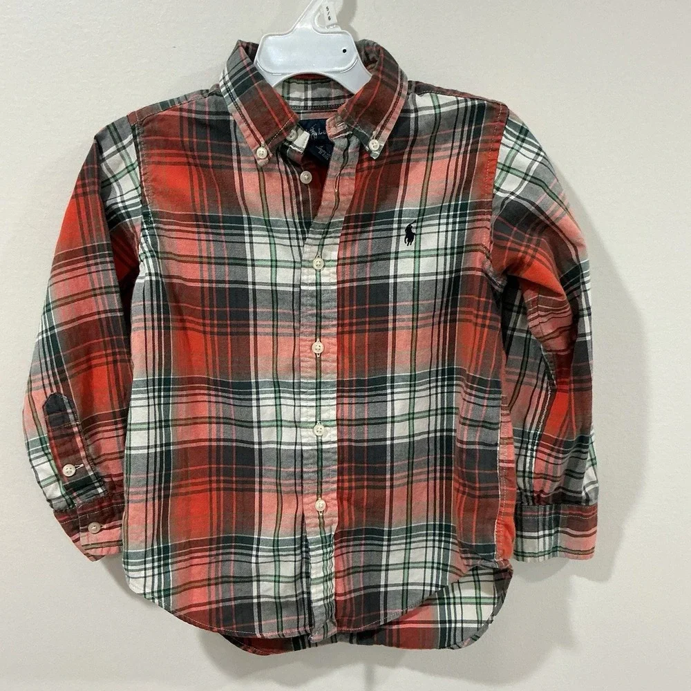 Ralph Lauren Boys Button Down Shirt Lot Of 2 L / S Sz 4 4T Red Blue Plaid Preppy